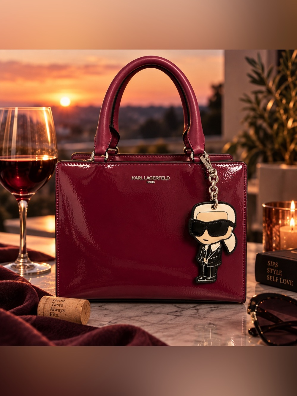 Karl Lagerfeld Paris Burgundy Patent Leather Satchel + Karl Charm